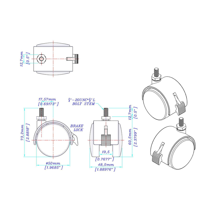 2" Wheel Diameter | Black Nylon Swivel Hooded Samson Twin Wheel Caster with Brake | and 1/4-20 x 1/2" Threaded Stem | Swivel Radius of 2-1/8" | 4 Pack by Outwater