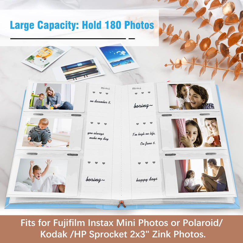 Photo Album for Fujifilm Instax Mini Camera, Polaroid Camera, Instax Photo Album with Memo Areas Mini Polaroid Photo Album Book 180 Pockets for Fujifilm Instax Mini 11 9 8 40 Evo Instant Camera, Blue