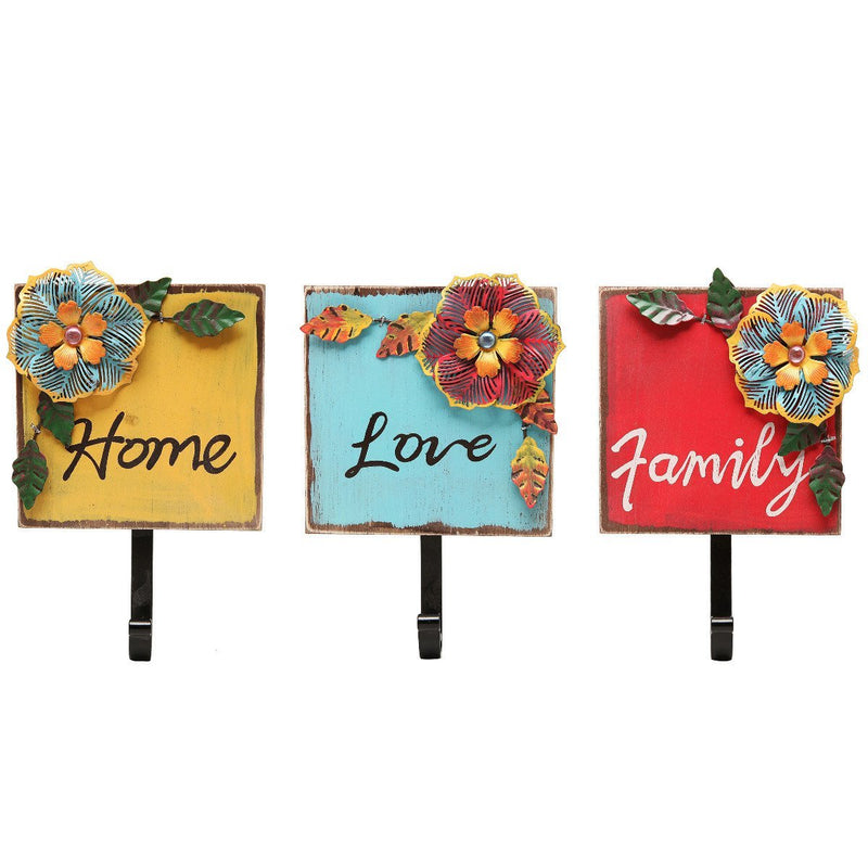 MyGift Wood & Metal Wall Mounted Coat and Key Hooks with Tropical Flower Family, Home, Love Design, 3 Piece Set