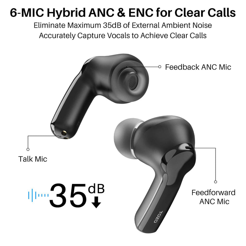 TOZO NC2 Hybrid Active Noise Cancelling Wireless Earbuds, ANC in-Ear Detection Headphones, IPX6 Waterproof Bluetooth 5.2 Stereo Earphones, Immersive Sound Premium Deep Bass Headset, Black