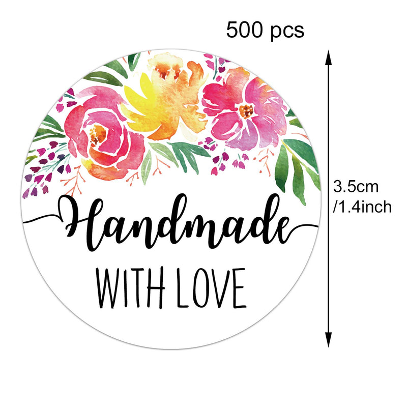 Floral Handmade with Love Stickers, 1.4 Inches Round Total 500 Adhesive Labels Per Roll, Handmade Packaging, Homemade with Love Stickers, Baked with Love Stickers.