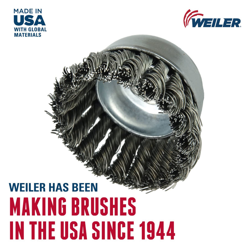 Weiler 13025 2-3/4" Single Row Knot Wire Cup Brush, .014" Steel Fill, 5/8"-11 Unc Nut, Made in the USA 2-3/4" Dia .014" Wire Size x 1" Trim Length