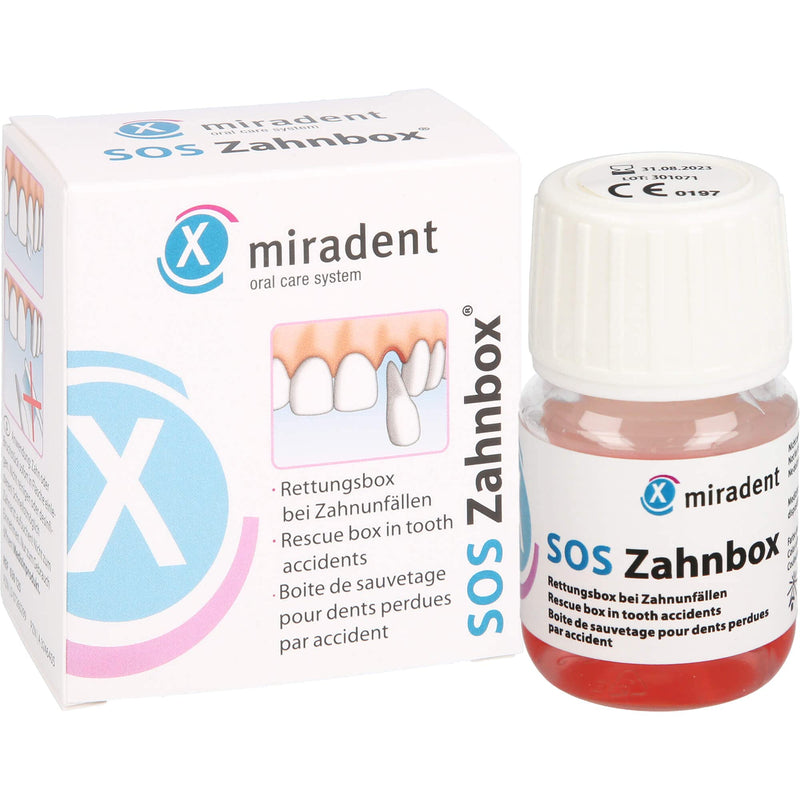Miradent tooth rescue box SOS tooth box for knocked out teeth. Properly store front tooth trauma. Cell nutrient solution preserves cells for up to 48 hours for replantation and healing of the lost tooth