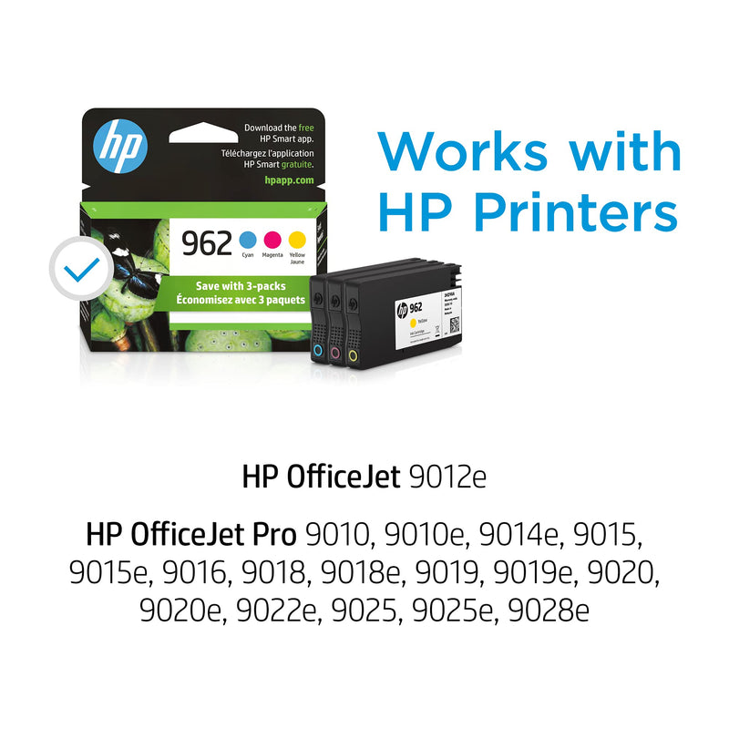 Original HP 962 Cyan, Magenta, Yellow Ink Cartridges (3-pack) | Works with HP OfficeJet 9010 Series, HP OfficeJet Pro 9010, 9020 Series | Eligible for Instant Ink | 3YP00AN