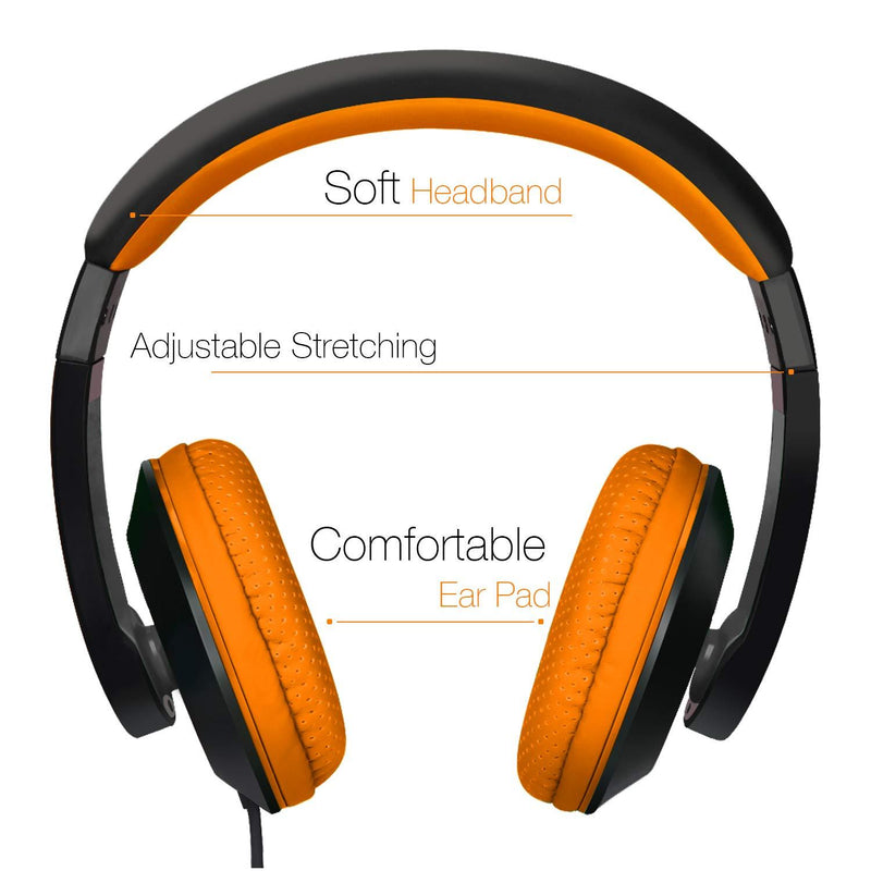 Rockpapa Comfort+ Adjustable Over Ear Headphones Earphones with Microphone in-line Volume for Adults Kids Childs Teens, Smartphones Laptop Tablet DVD MP3/4 in Car/Airplane Black Orange