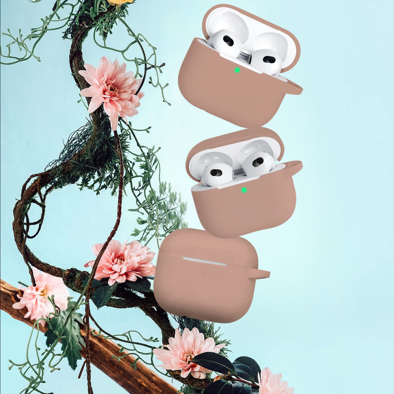 R-fun AirPods 3 Case Cover, Silicone Protective Accessories Skin with Keychain Compatible with Apple AirPod 3rd Generation 2021 for Women Girls,Front LED Visible-Milk Tea C-Milk tea