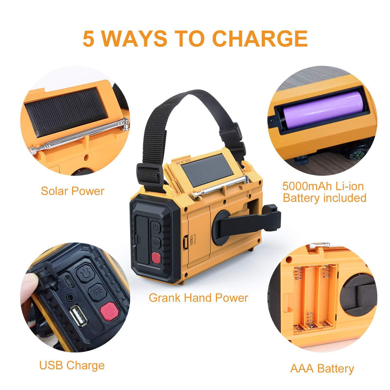 Weather Radio Raynic 5000mAh Solar Hand Crank Emergency Radio 5 Ways Powered AM/FM/SW/NOAA Weather Alert Portable Radio with Flashlight, Reading Lamp, Cellphone Charger and SOS Alarm (Yellow)