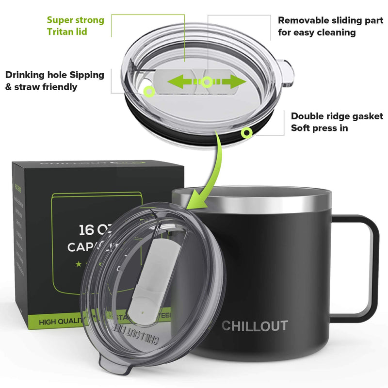 16 oz Stainless steel Vacuum Insulated Coffee Mug with Handle and Lid, Large Thermal Camping Coffee Mug Cup with Durable Sliding Lid for Men & Women - Keeps your Beverages Hot/Cold for a Long Time Black 16 oz