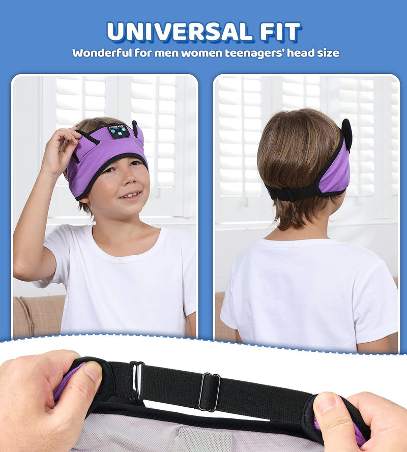 Kids Bluetooth Headphones, KIDSBAND Sleep Headband [Wireless & Wired Palyback 2in1] Wired with Microphone Headphones for Kids with Stereo Sound,Foldable Kids Headphones for School/Travel/Tablet/Sleep Purple