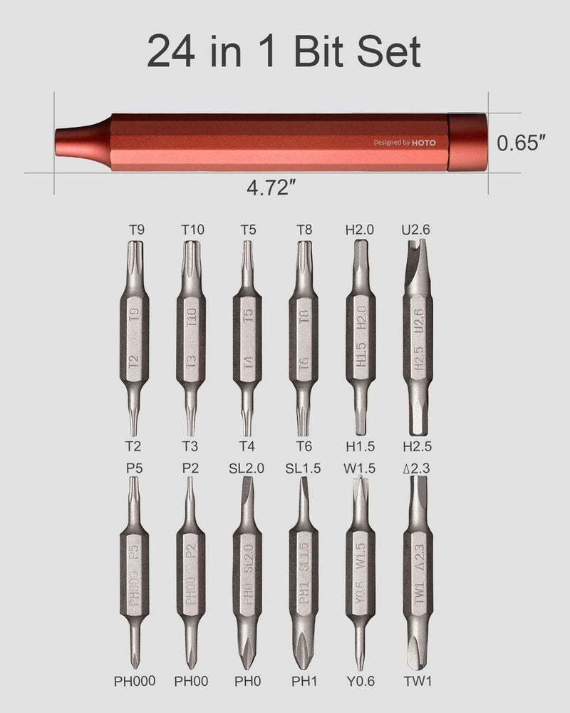 HOTO P1 - Screwdriver Sets, 24-in-1 Precision Screwdriver Set, Mini Screwdriver Set with 24 pcs Tough S2 Alloy Steel Bits, Manual Pen Shape Small Screwdriver, Home Improvement Need, Cinnabar Red