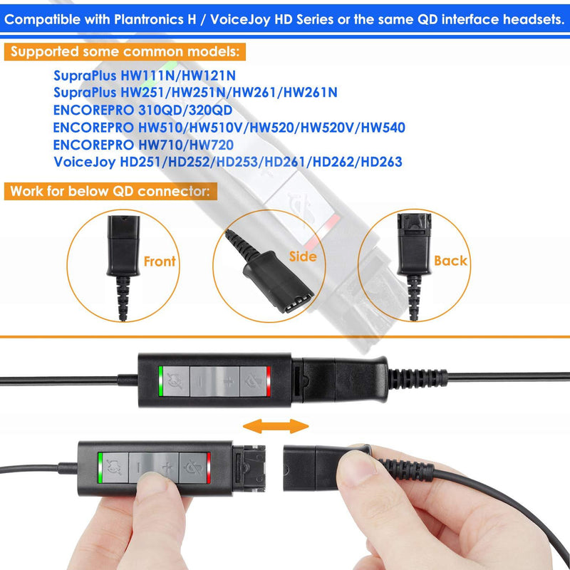 QD(Quick Disconnect) Connector to USB Adapter Cable with Volume Adjuster, Mute for Speaker and Microphone Separately Compatible with Any Plantronics and VoiceJoy Headset QD Plug U20 USB Adapter