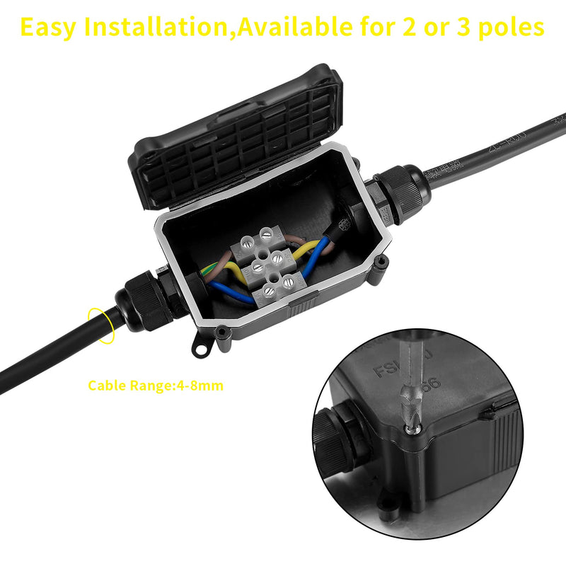 Pack of 4 IP66 waterproof junction boxes, 2-way outdoor cable connector distribution box, black extension cable junction box with PG9 screw connections for Ø3mm-8mm Ø6mm-10mm cable cable 2-way