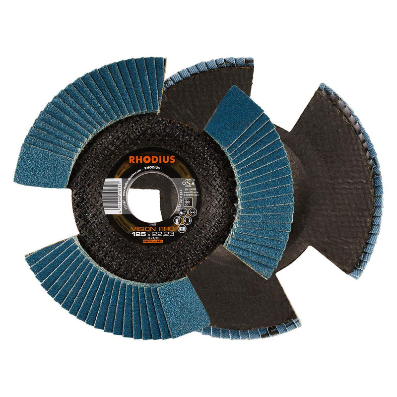 RHODIUS VISION PRO, 5 pieces Ø 125 mm K80 flap discs, transparent, made in Germany, metal stainless steel INOX, for angle grinders, grinding discs, flap discs Ø125 K80