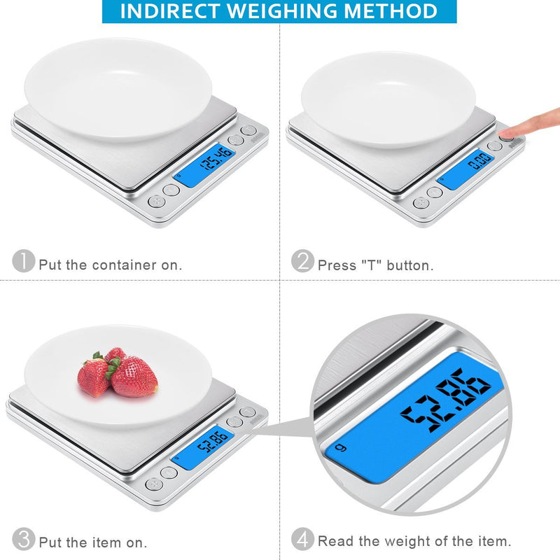 (Upgraded) AMIR Digital Kitchen Scale, 500g Mini Pocket Jewelry Scale, Cooking Food Scale, Back-Lit LCD Display, 2 Trays, 6 Units, Auto Off, Tare, PCS, Stainless Steel, Batteries Included sliver