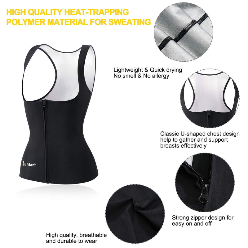 Junlan Sauna Suit for Women Waist Trainer Vest for Women Sweat Tank Top Shaper for Women with Zipper Black Small