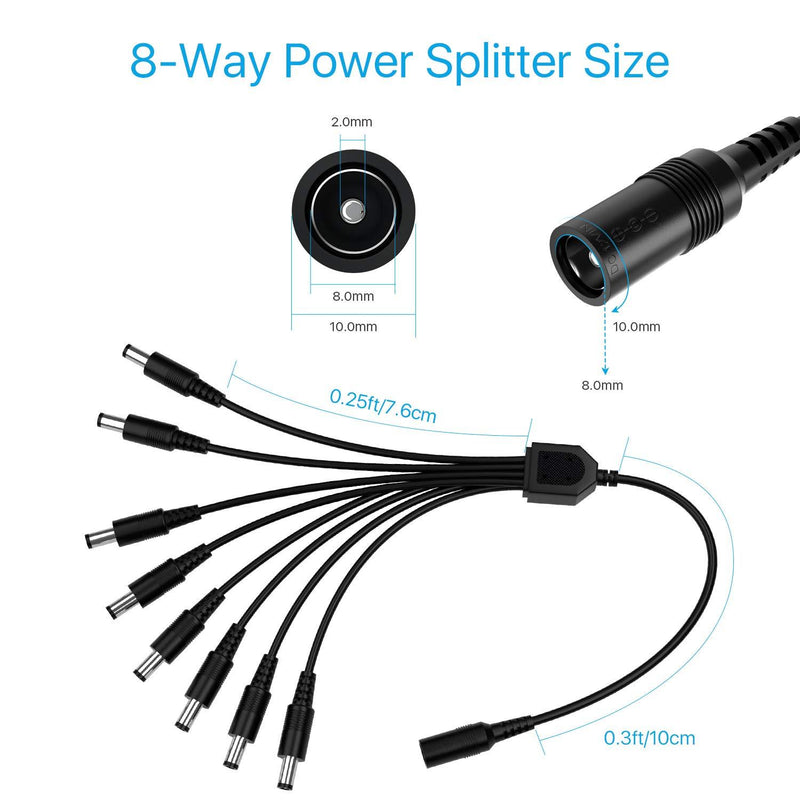 ZOSI DC 1 Female to 8 Male Output Power Splitter Cable Y Adapter For CCTV Accessories Black 1T8