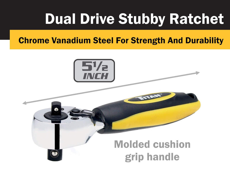 Titan 11050 1/4-Inch and 3/8-Inch Dual Drive x 5-1/2-Inch 72-Tooth Dual Head Stubby Ratchet 1/4 and 3/8in Stubby