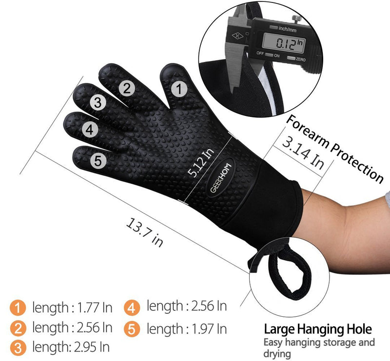 GEEKHOM Grilling Gloves, Heat Resistant Gloves BBQ Kitchen Silicone Oven Mitts, Long Waterproof Non-Slip Potholder for Barbecue, Cooking, Baking (Black) One Size Fits Most Black