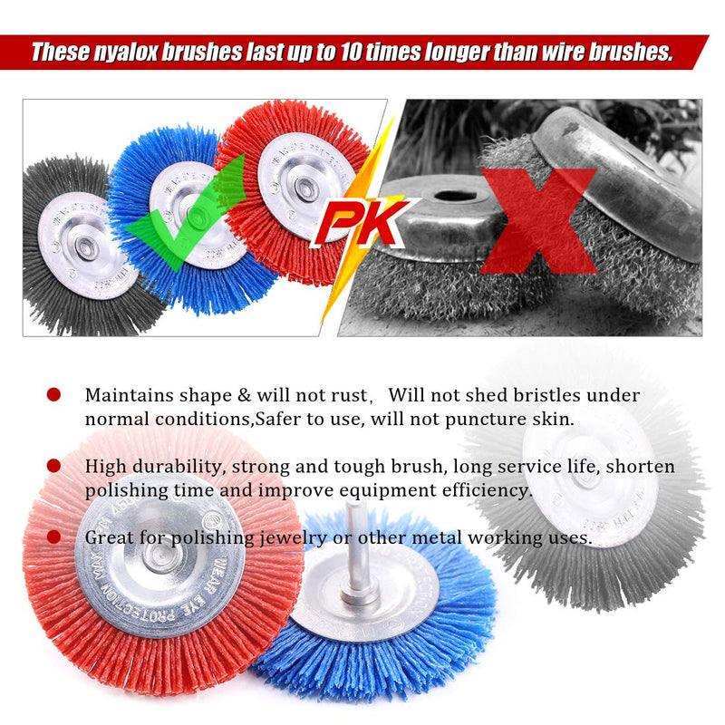 Swpeet 3 pieces 3" 75mm nylon filament abrasive wire cup brush kit with 1/4 inch shaft, including fine medium coarse grit perfect for removing rust, corrosion, S665, round wheel brush
