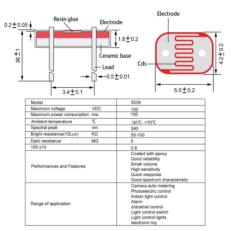 Onwon 30 Pieces Photoresistor Set 5mm 50-100K Ohm Photo Light Sensitive Resistor Light Dependent Resistor for DIY and Experiments, GM5539 5539