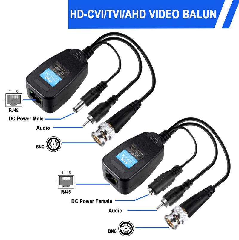 Passive Video Balun Connector 3 Pairs Passive Video Power Balun Audio 960P/1080P/2MP BNC to RJ45 Network Transceiver Cat5e/Cat6 Adapter AHD/TVI/CVI/CVBS for Full HD Surveillance Camera System Balun83
