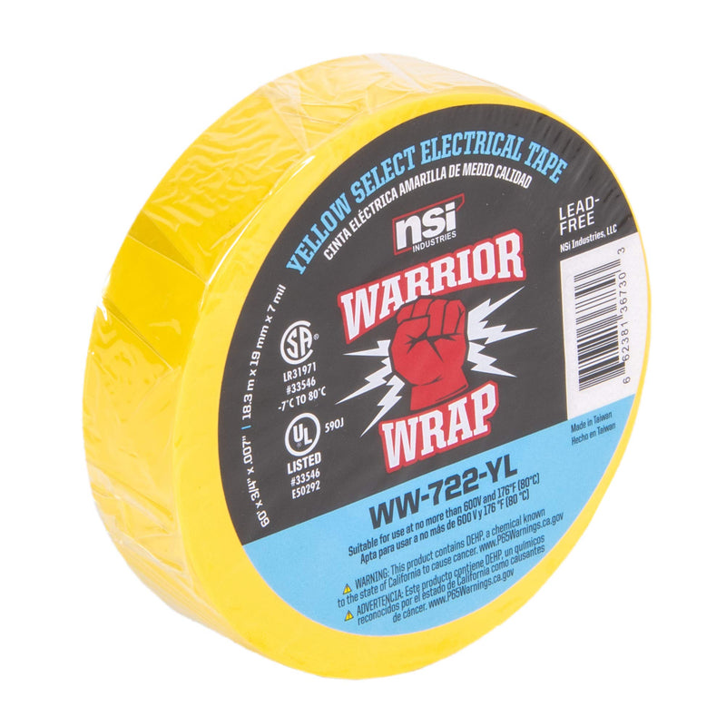 NSi Industries WarriorWrap Select 3/4 in. x 60 ft. 7 mil Vinyl Electrical Tape, Yellow (WW-722-YL)