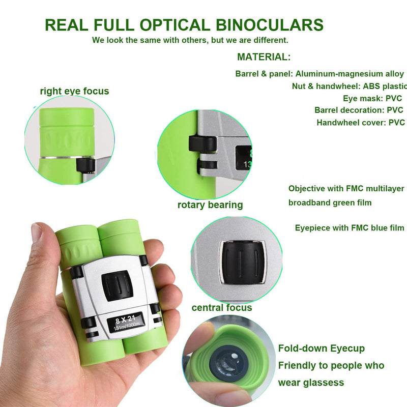 Compact Binoculars for Kids Adults 8 * 21 Real Optical Telescope for Bird Watching Opera Hiking Hunting Travel Birthday Gift(Light Green) Light Green