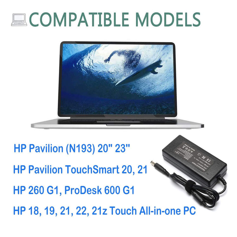 19V 90W Ac Dc Adapter for HP 18'' 19'' 20" 21" 32" HP Pavilion (N193) 20" 23'' OMEN Gaming All-in-One Desktop PC Monitor HP 20B, 23B Series 19-2304 19-2304 22-3010 22-3010 Power Supply Cord