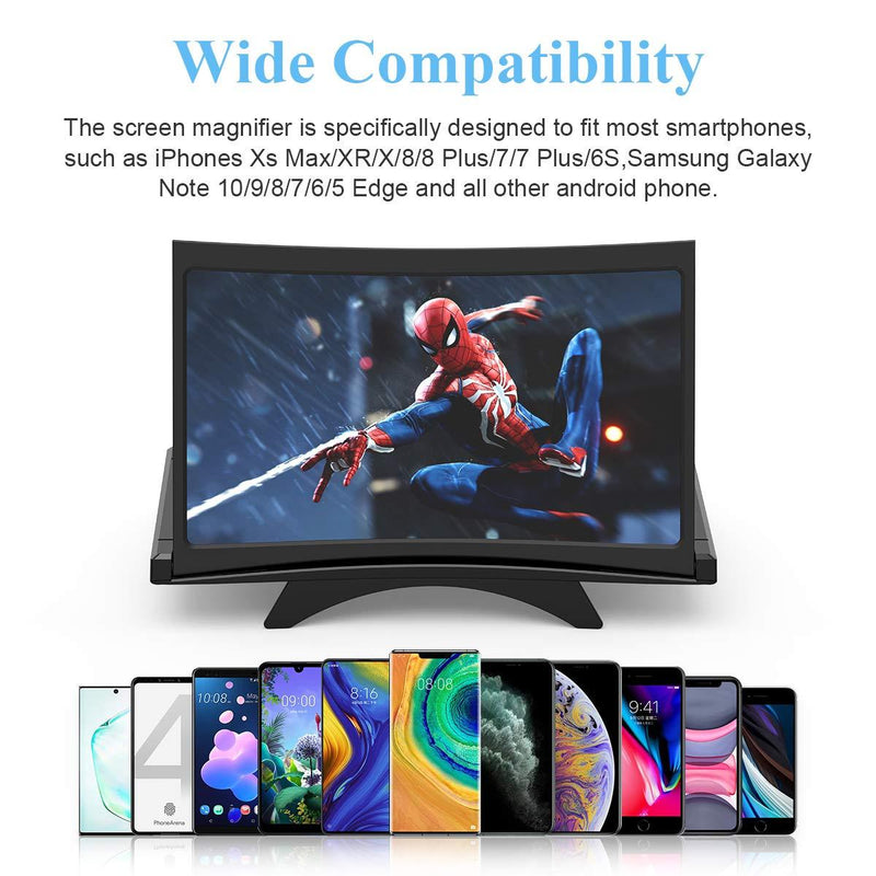 12" Curve Screen Magnifier –3D HD Mobile Phone Magnifier Projector Screen for Movies, Videos, and Gaming–Foldable Phone Stand with Screen Amplifier–Supports All Smartphones (Black) Black