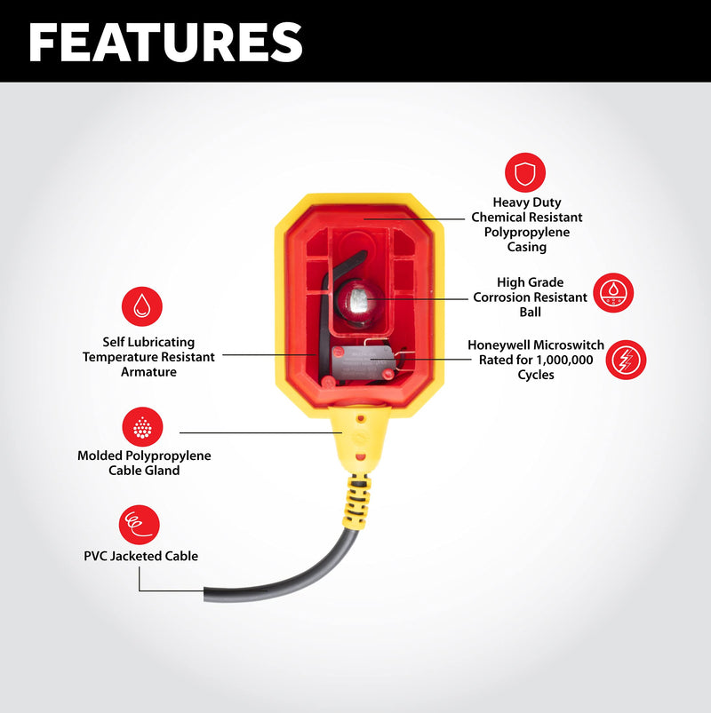 "WaterBoss" Universal Piggyback Float Switch, (5 Year Warranty), 10 ft Cable, Septic System, Sump Pump, Water Tank