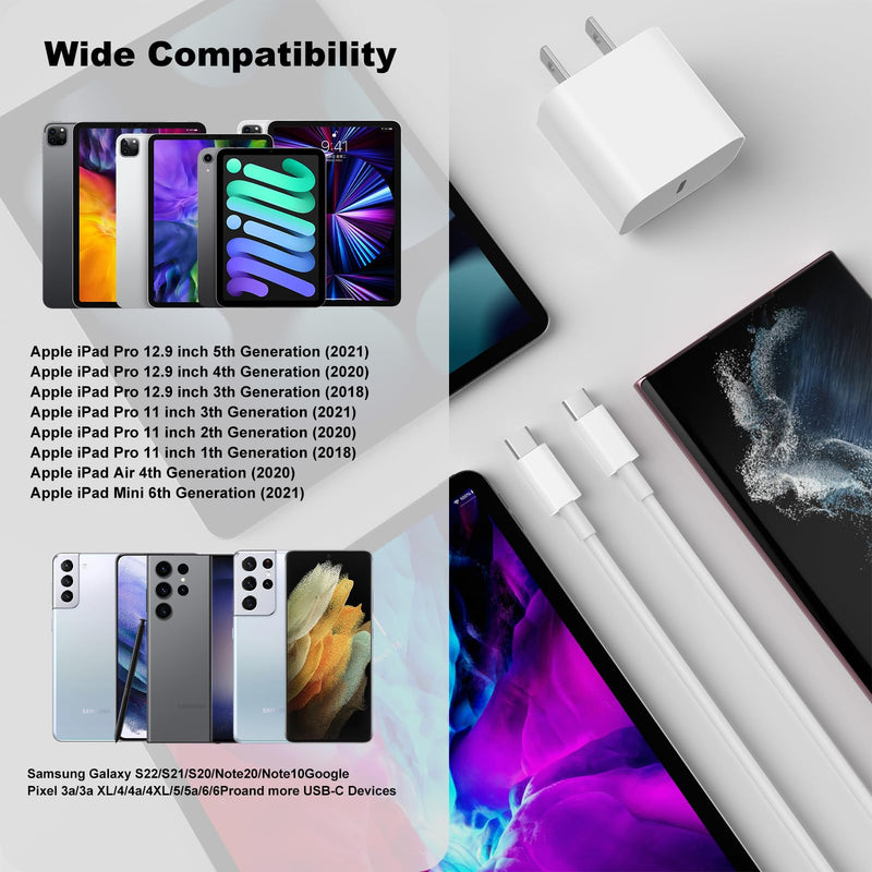 iPad Charger,20W Apple USB C Fast Charger,2Pack 6Ft Type C Fast Wall Charger Block for iPad Pro 12.9/11 inch 2022/2021/2020/2018, iPad Air 5th/4th, iPad 10th Generation/Mini 6 (White) White