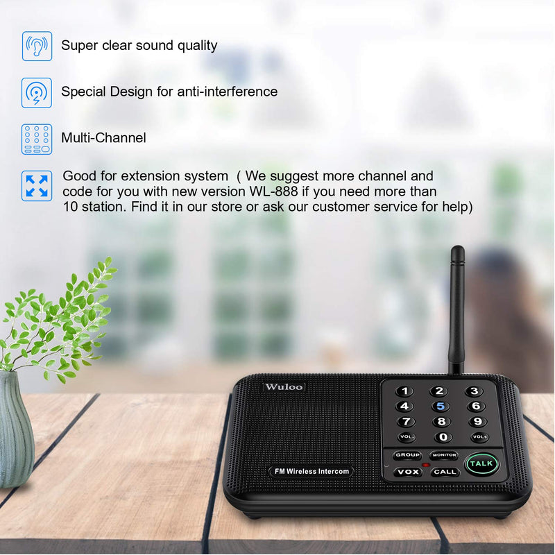 Wuloo Intercoms Wireless for Home 1 Mile (5280 Feet) Range 10 - Channel, Wireless Intercom System for Home House Business Office, Room to Room Intercom, Home Communication System (2 Packs, Black)
