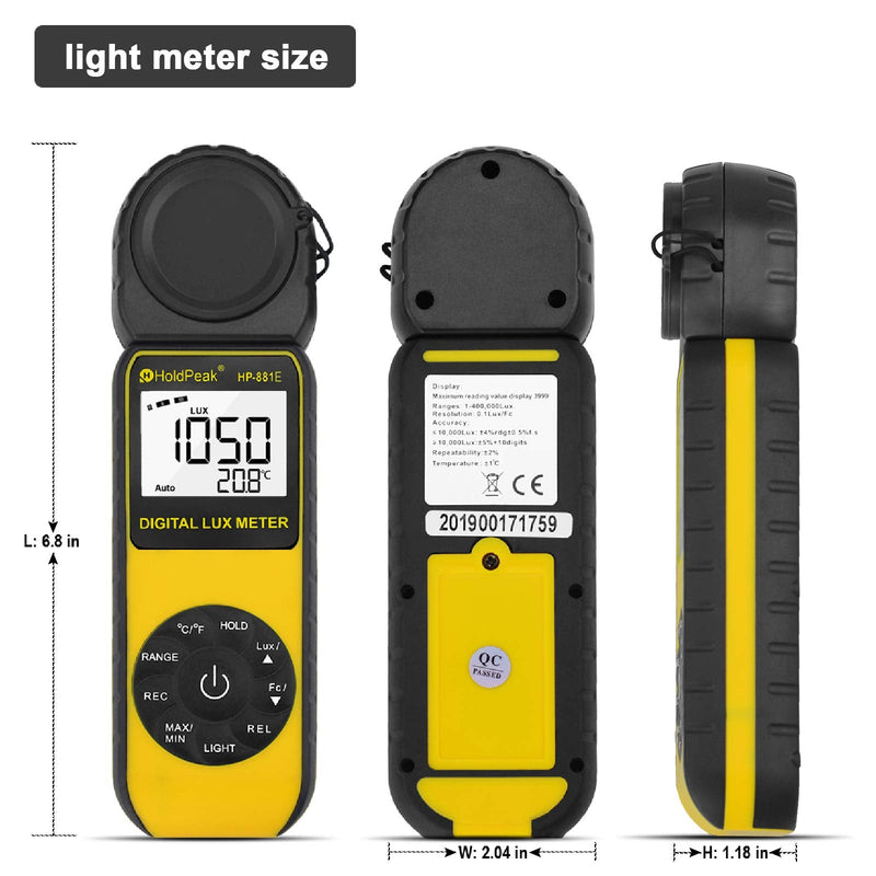 Light Meter-HOLDPEAK 881E Digital Illuminanc/Light Meter with 0.01~300,000 Lux (0.01~30,000 FC) Measuring Ranges and 270° Rotatable Detector for LED Lights and Plants Lumen Meter HP-881E(0.1 - 200,000Lux / 1 - 20,000FC)