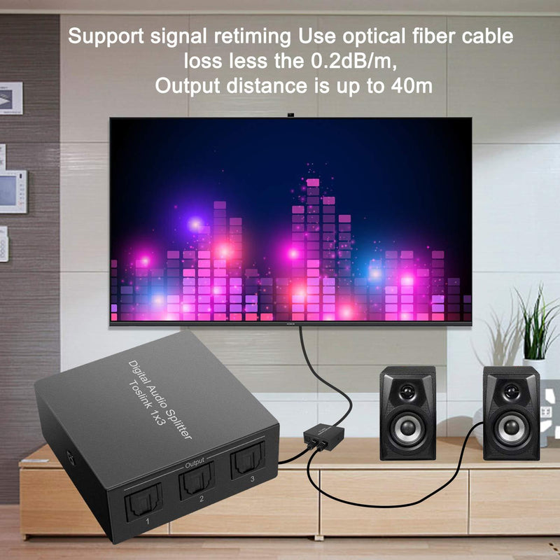 3 Port Toslink Splitter, Digital Optical Audio Splitter 1 Input 3 Output, SPDIF Toslink Fiber Audio Splitter Support LPCM 2.0/DTS/Dolby Digital, for Amplifier, Sound bar, Xbox, PS4, Blue-Ray, DVD Ect