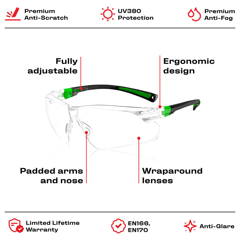 NoCry Safety Glasses with Clear Anti Fog Scratch Resistant Wrap-Around Lenses and No-Slip Grips, UV Protection. Adjustable, Black & Green Frames Clear Black & Green