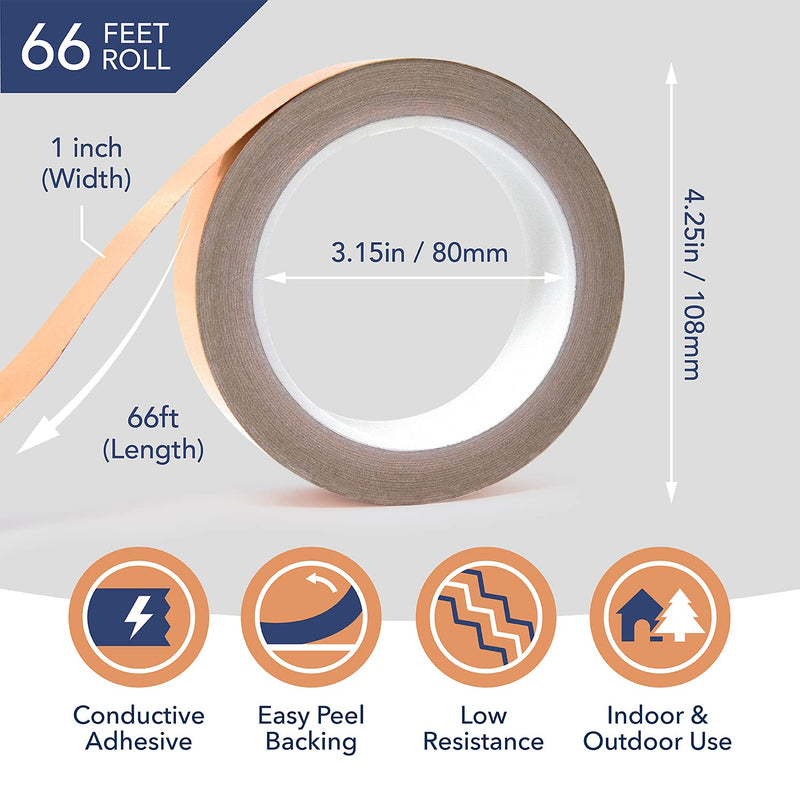 Copper Tape Conductive Adhesive [1 Inch x 22 Yards] Copper Foil Tape for EMI Shielding Barrier, Guitar Cavity, Electrical Conductive for Soldering, Stained Glass, and More