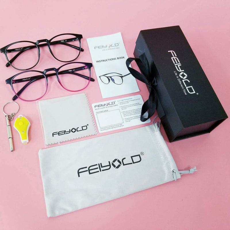FEIYOLD Blue Light Blocking Glasses Women/Men,Retro Round Anti Eyestrain Computer Gaming Glasses(2Pack) Black+gradient Purple