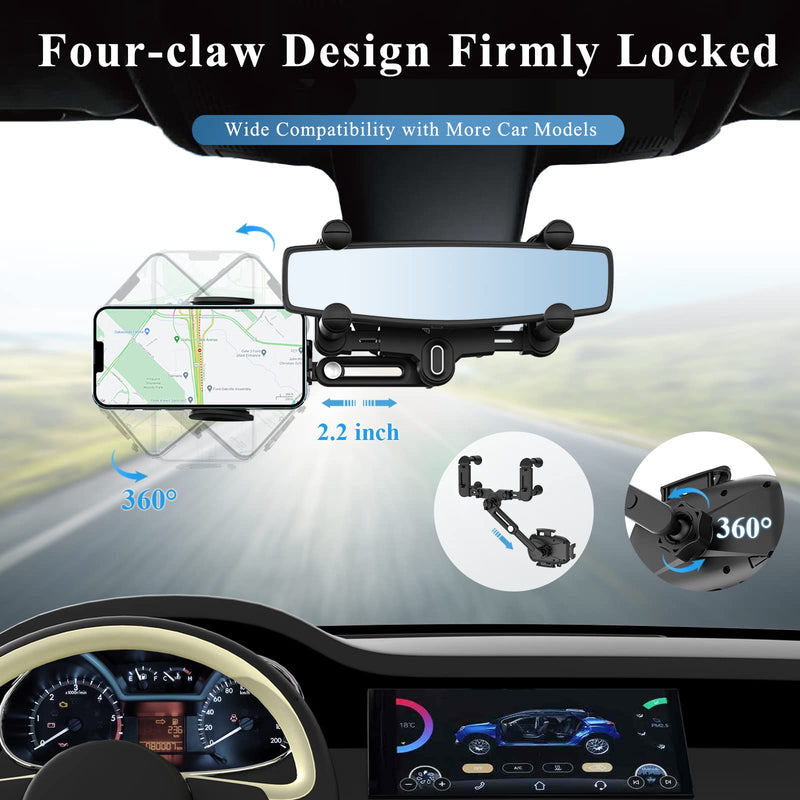 Phone Mount for Car, 360° Rotatable and Retractable Car Phone Holder Mount, Multifunctional Rotating Car Phone Holder Mount Universal Adjustable Rear View Mirror Cell Phone Holder for All Smartphones