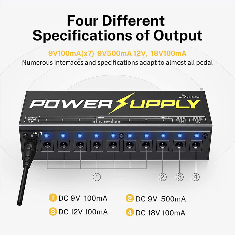Donner DP-1 Guitar Power Supply 10 Isolated DC Output for 9V/12V/18V Effect Pedal