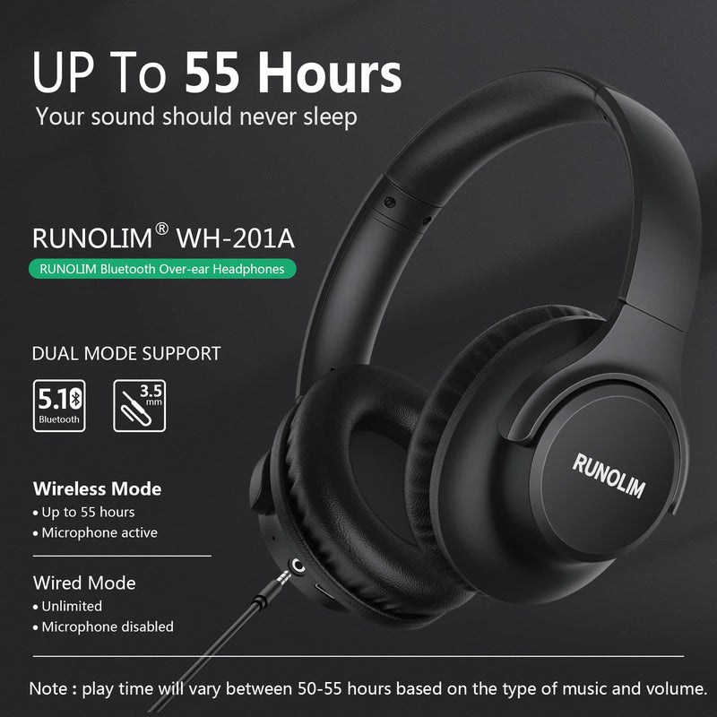 RUNOLIM Bluetooth Headphones Over Ear,Wireless Headphones with Microphone, 55 Hours Playtime Hi-Fi Stereo Sound Lightweight Foldable Headset for Cellphone PC Tablet Laptop, Black