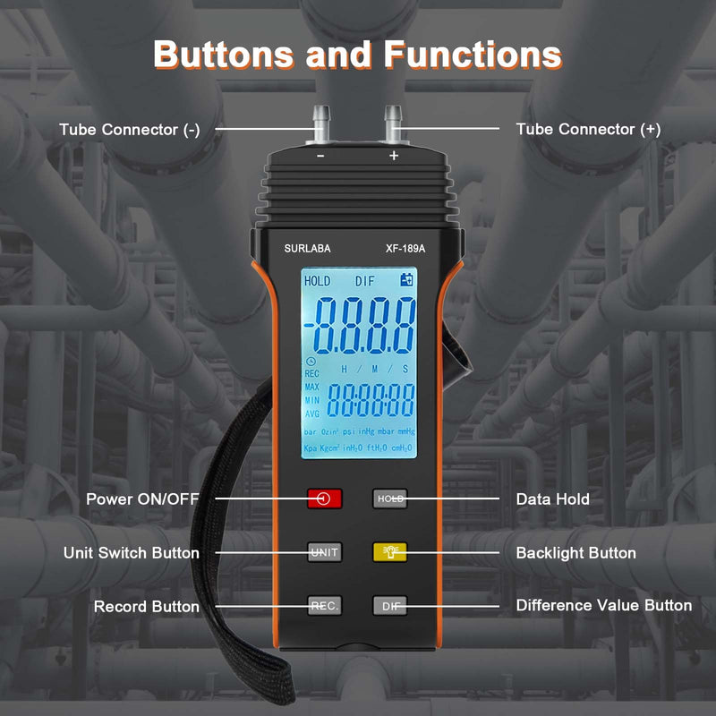 SURLABA Digital Pressure Gauge, Differential Pressure Gauge Measuring Range 6PSI, Gas Pressure Gauge with 11 Units, Differential Pressure Gauge for Differential Pressure of 1-2 Pipes, Ventilation, HVAC XF-189A (6Psi)