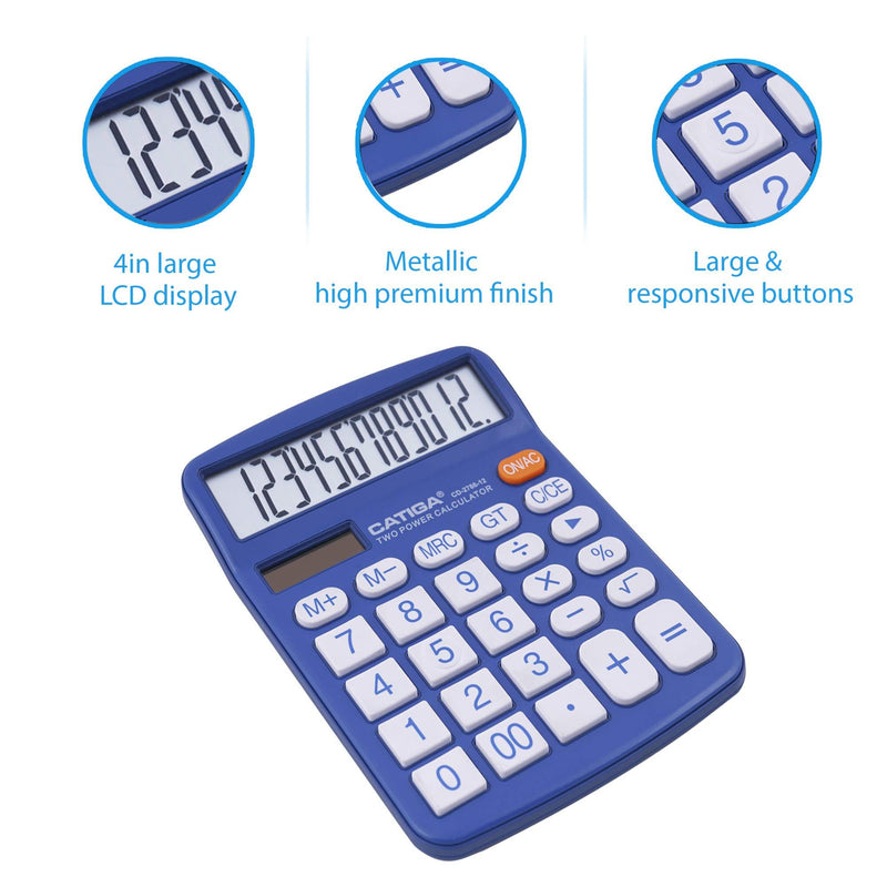 Desktop Calculator 12 Digit with Large LCD Display and Sensitive Button, Solar and Battery Dual Power, Standard Function for Office, Home, School, CD-2786 (Blue) Blue