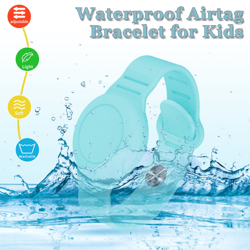 Kids Waterproof Airtag Bracelet Compatible with Apple AirTag, Hidden Silicon Protective Case for Air Tag GPS Tracker Holder, Adjustable Anti-Lost Watch Band for Toddler Child (Cyan) Cyan