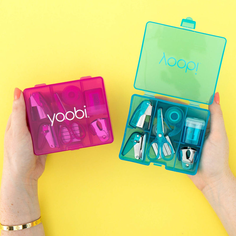 Yoobi Mini Supply Kit for Kids | Pencil Sharpener, Scissors, Stapler, Staple Remover, Tape & More | Home or School | Pink | Pack of 2 2 Pack