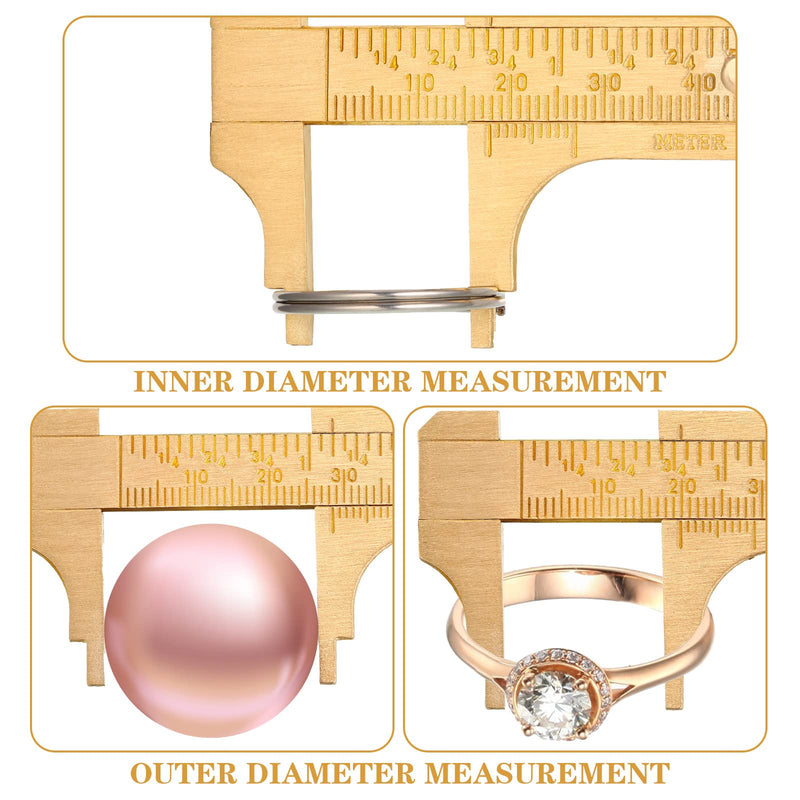 2 Pieces 4 Inch Brass Vernier Caliper Pocket Caliper Handy Caliper Measuring Tool Double Scale Sliding Gauge Mini Metal Pocket Ruler for Bead Wire Jewels Rings Measurement
