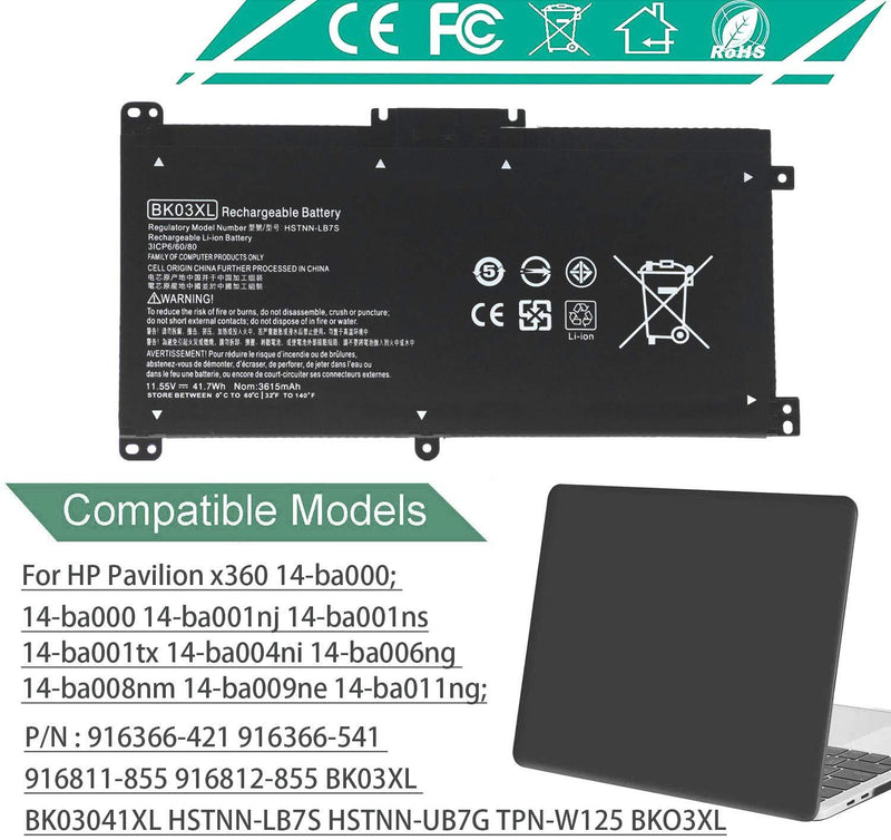 BK03XL Laptop Battery for HP Pavilion x360 14m-ba000 14m-ba013dx 14m-ba015dx 14m-ba011dx 14m-ba014dx 14-ba125cl 14-ba253cl 14m-ba114dx 14-ba000 14-ba175nr 14-ba110nr 916366-421 11.55V 41.7Wh
