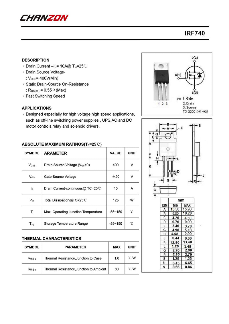 Chanzon 10pcs IRF740 TO-220 Power Sic MOSFET Transistor IRF740PBF 10A Mosfets Transistor
