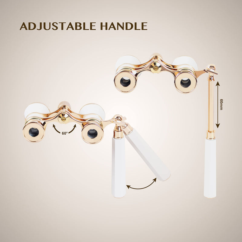 Yourelexit® Opera Glasses Binoculars 3X25 Lorgnette Theater Glasses Optical BK9 Mini Compact Lightweight Built-in Foldable Adjustable Handle Vintage for Adults Kids Women in Musical Concert Cinema White With Handle