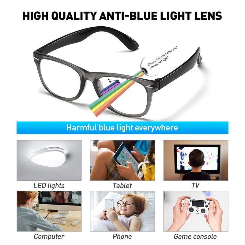 Kids Blue Light Blocking Glasses Girls Boys 2 Pack, Computer Video Gaming Glasses for Kids Girls Boys Age 3-10,Anti Blue Light & Headache (Transparent Black + Transparent) Transparent Black + Transparent