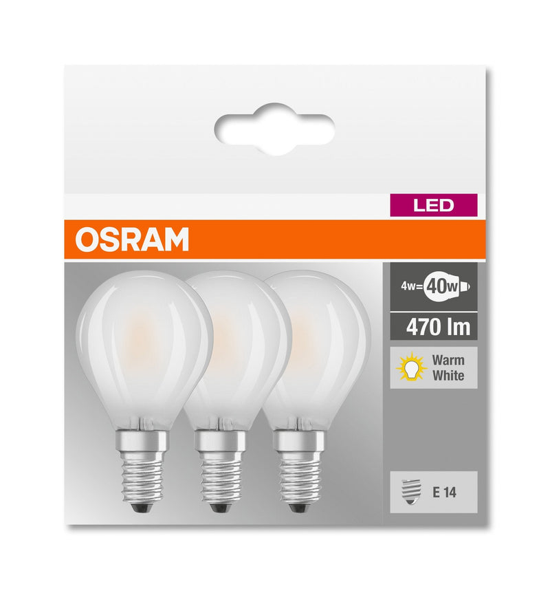 Osram LED Base Classic P lamp, in teardrop shape with E14 base, not dimmable, replaces 40 watts, matt, warm white - 2700 Kelvin, 3 pieces (pack of 1) 3 pieces (pack of 1) drops box 3